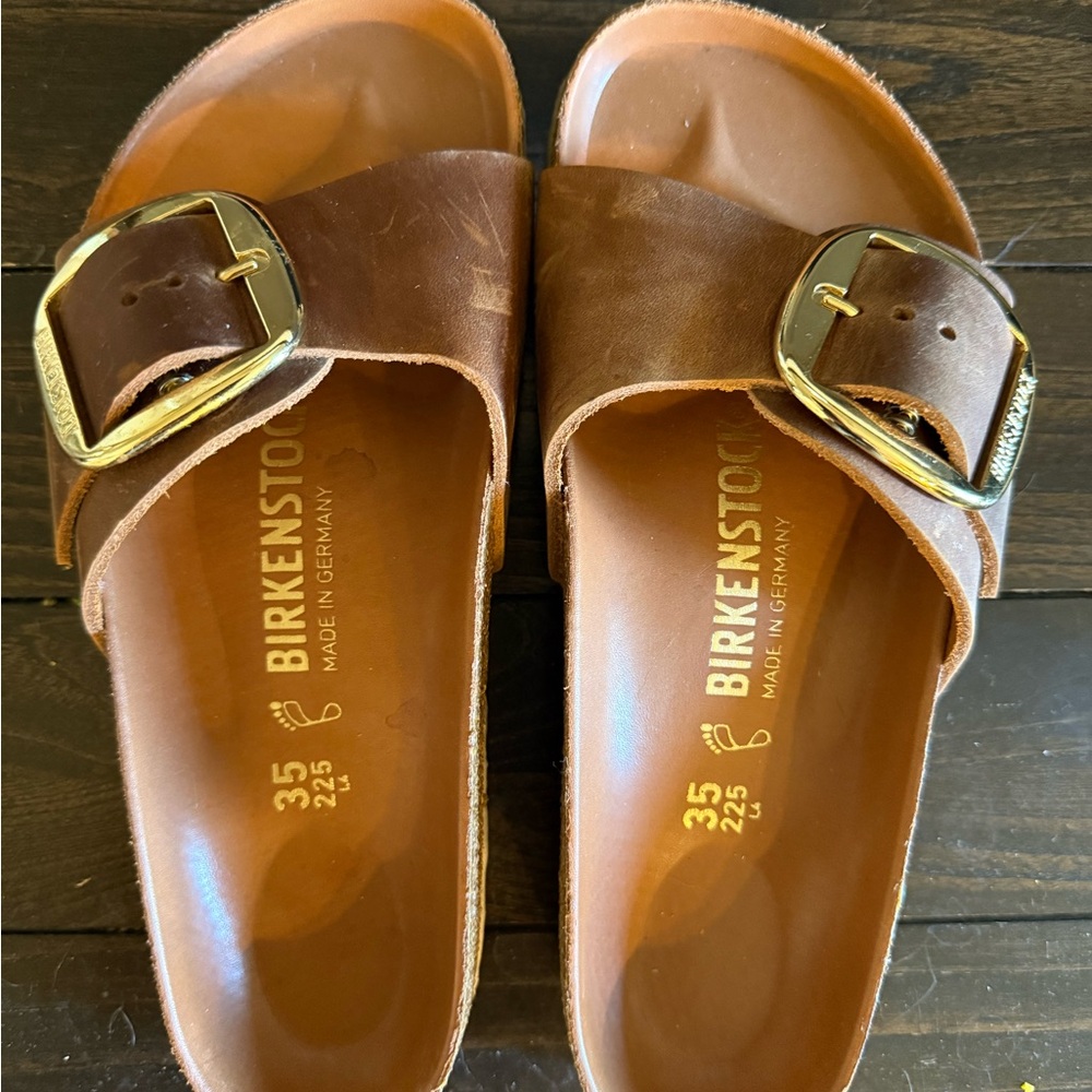 Birkenstock Tan Sandals with Gold Buckle. Worn once.